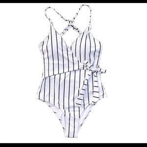 Cupshe NWT “Stay Young” Stripe One-piece Wrap Swimsuit LARGE